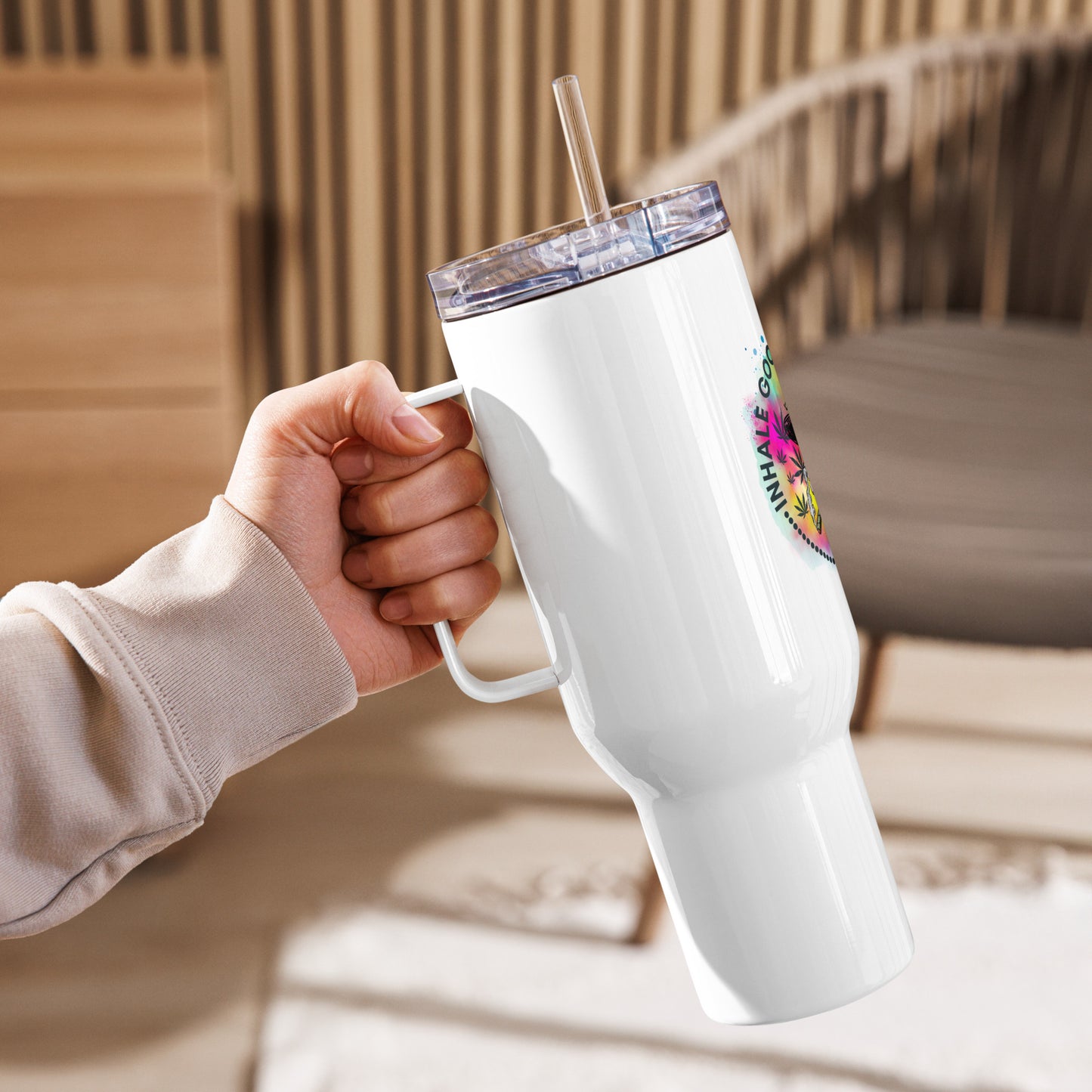 Inhale/Exhale Travel mug with a handle